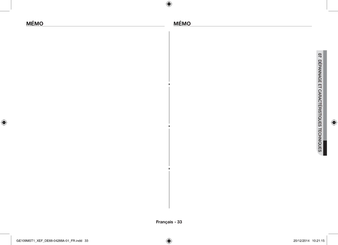 Samsung GE109MST1/XEF manual Mémo 