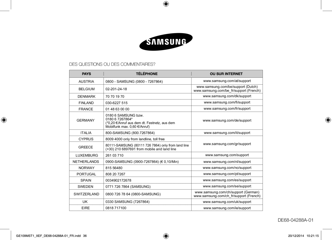 Samsung GE109MST1/XEF manual DE68-04288A-01 