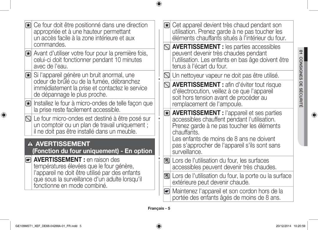 Samsung GE109MST1/XEF manual Fonction du four uniquement En option 