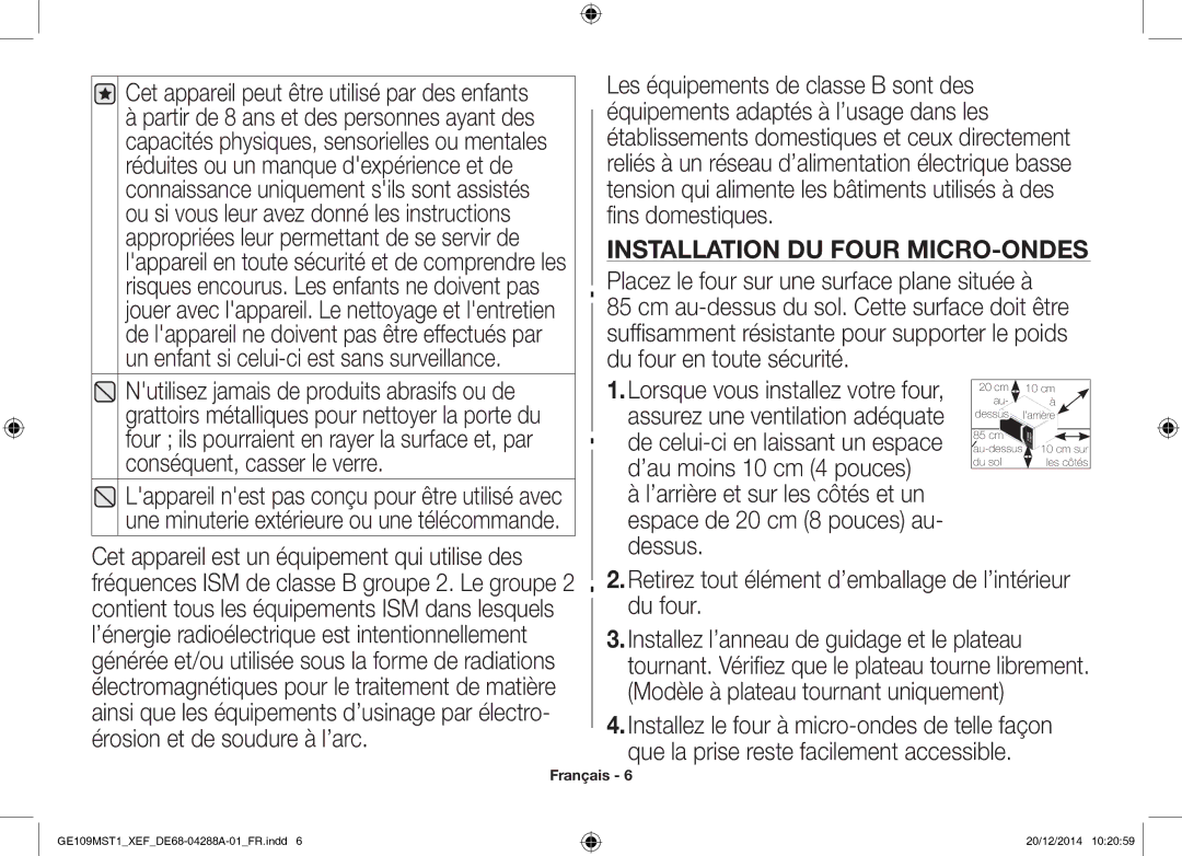 Samsung GE109MST1/XEF manual Installation DU Four MICRO-ONDES 