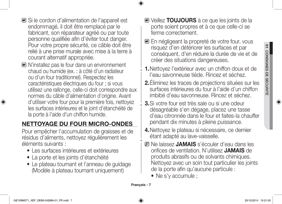 Samsung GE109MST1/XEF manual Nettoyage DU Four MICRO-ONDES 