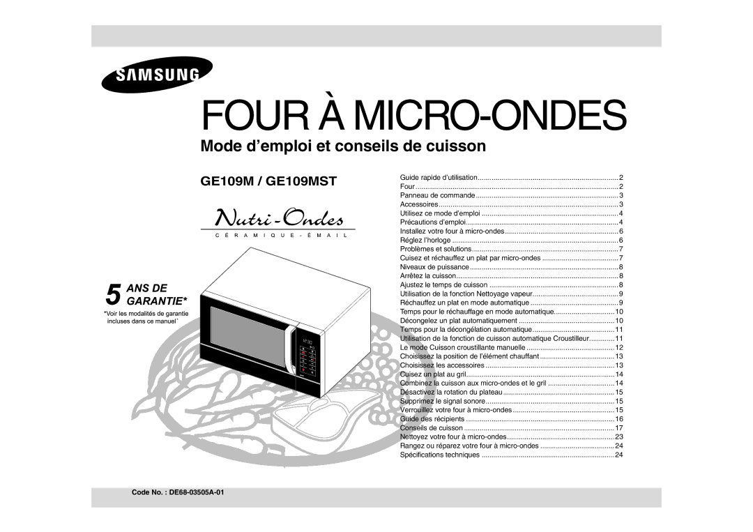 Samsung GE109MST/XEF manual Code No. DE68-03505A-01, Choisissez les accessoires 