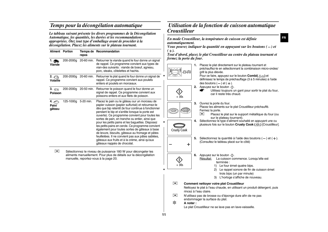 Samsung GE109MST/XEF manual Temps pour la décongélation automatique, Temps de,  Comment nettoyer votre plat Croustilleur 