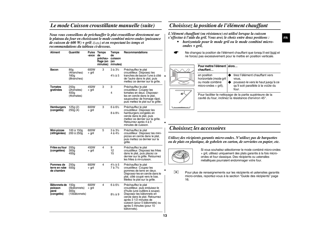 Samsung GE109MST/XEF manual Le mode Cuisson croustillante manuelle suite, Choisissez la position de l’élément chauffant 