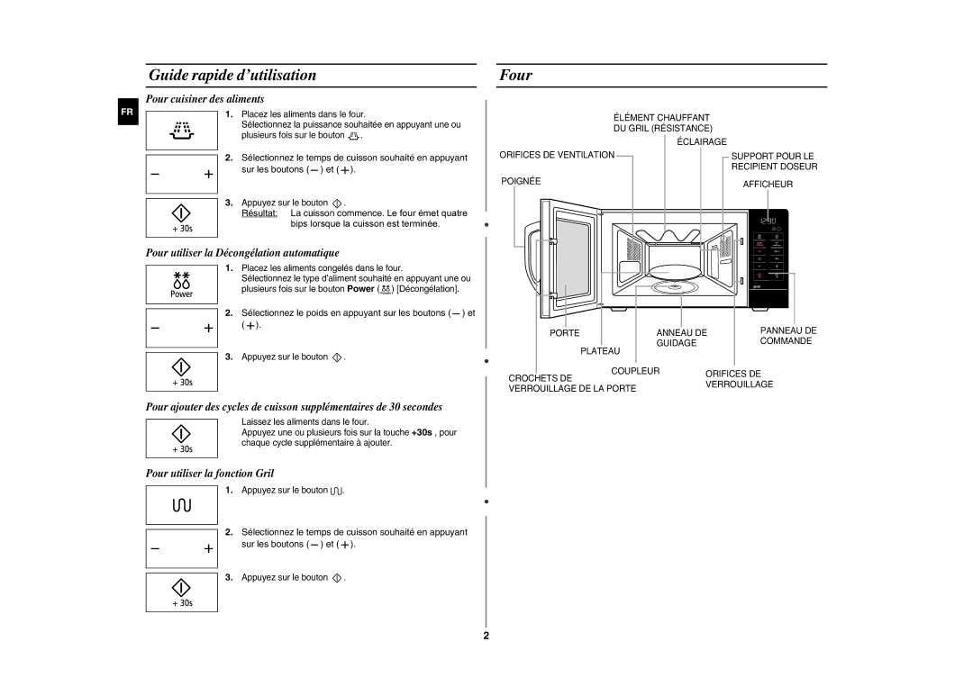 Samsung GE109MST/XEF manual Guide rapide d’utilisation, Four, Pour cuisiner des aliments, Pour utiliser la fonction Gril 