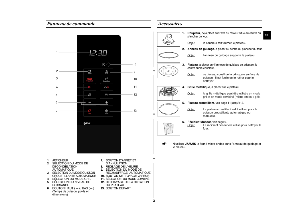 Samsung GE109MST/XEF manual Panneau de commande Accessoires, Récipient doseur, voir 