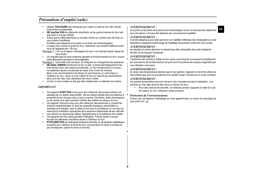 Samsung GE109MST/XEF manual Précautions d’emploi suite, Avertissement, Protection de lenvironnement 