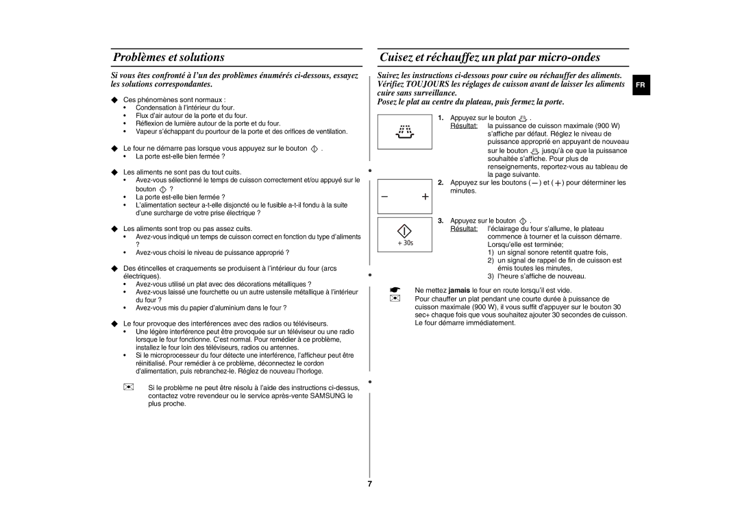 Samsung GE109MST/XEF manual Problèmes et solutions, Cuisez et réchauffez un plat par micro-ondes 
