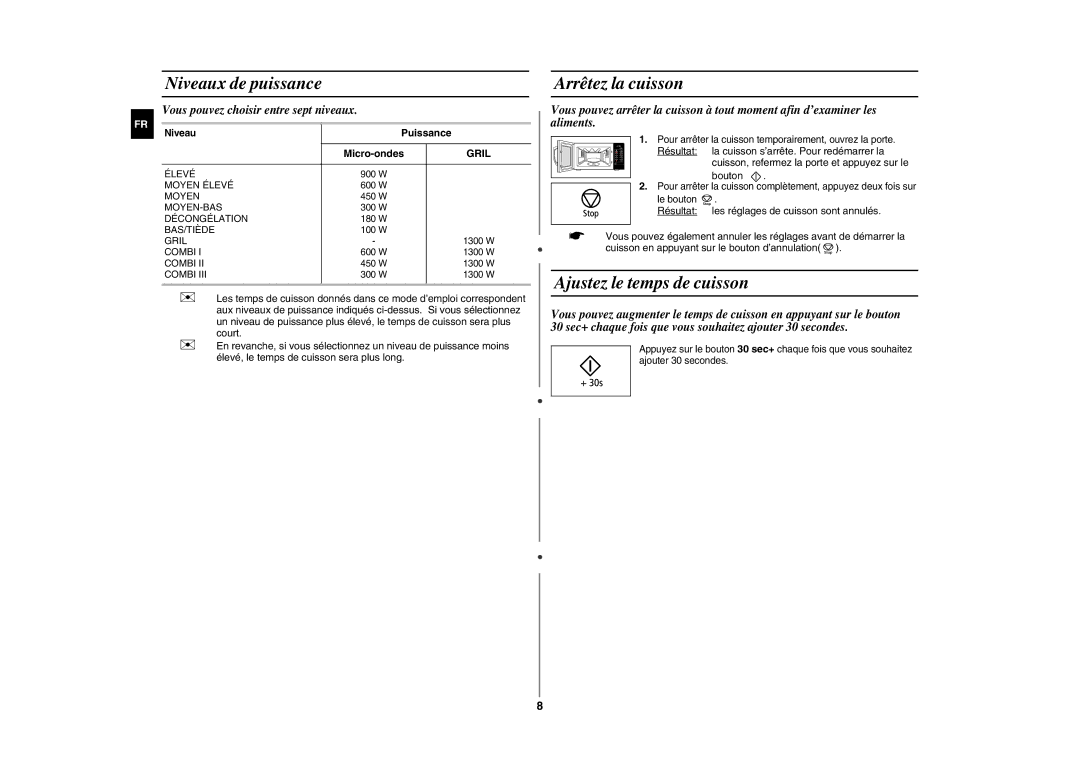 Samsung GE109MST/XEF manual Niveaux de puissance, Arrêtez la cuisson, Ajustez le temps de cuisson, Puissance 