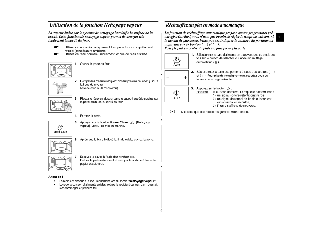 Samsung GE109MST/XEF manual Utilisation de la fonction Nettoyage vapeur, Réchauffez un plat en mode automatique 