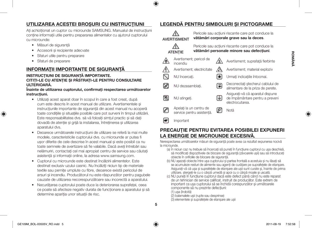 Samsung GE109MST/ZAM, GE109MST/XSG manual Utilizarea Acestei Broşuri CU Instrucţiuni, Informaţii Importante DE Siguranţă 