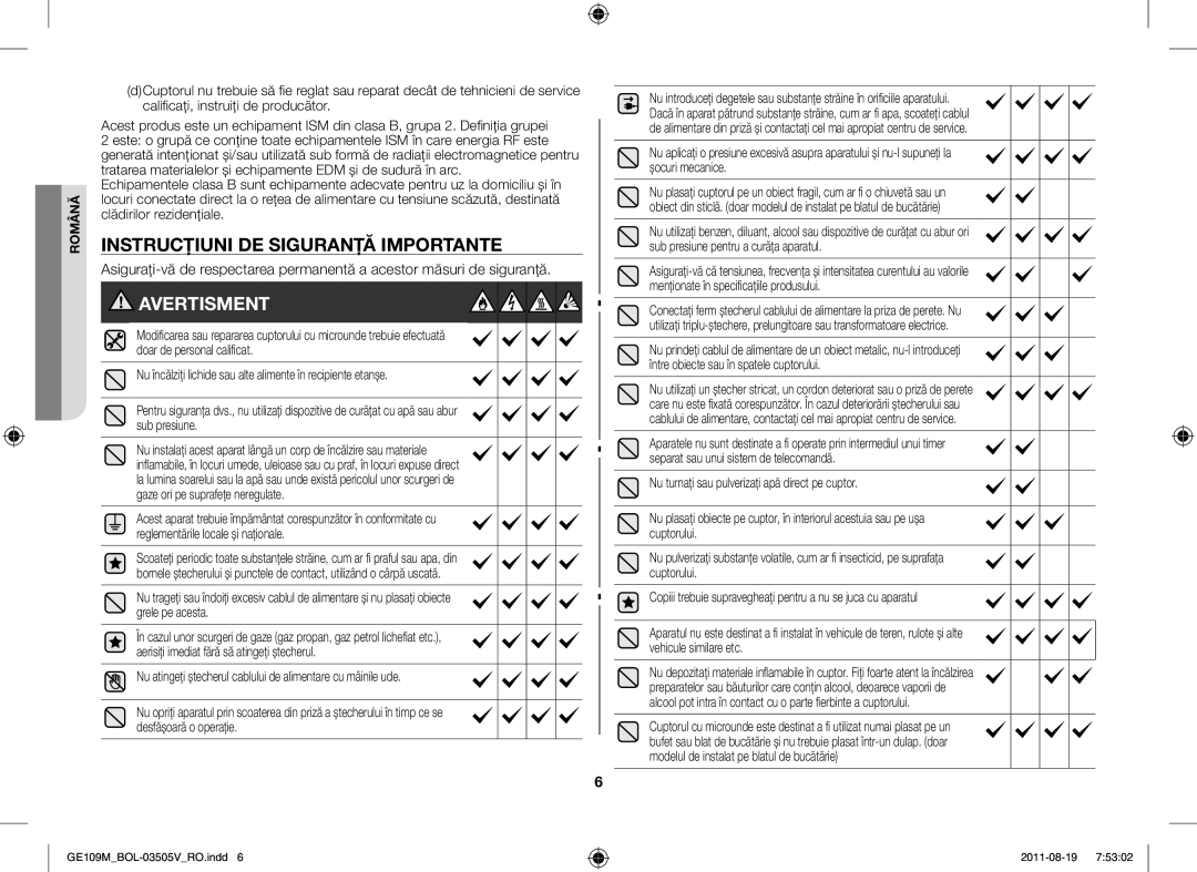 Samsung GE109MST-R/XSG, GE109MST/XSG, GE109MST/ZAM, GE109MST/BOL manual Instrucţiuni DE Siguranţă Importante, Avertisment 