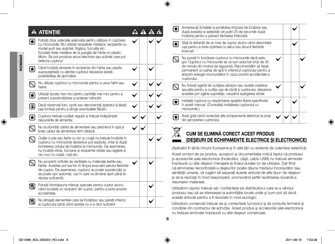 Samsung GE109MST/XSG, GE109MST/ZAM, GE109MST-R/XSG, GE109MST/BOL manual Atenţie, CUM SE Elimină Corect Acest Produs 