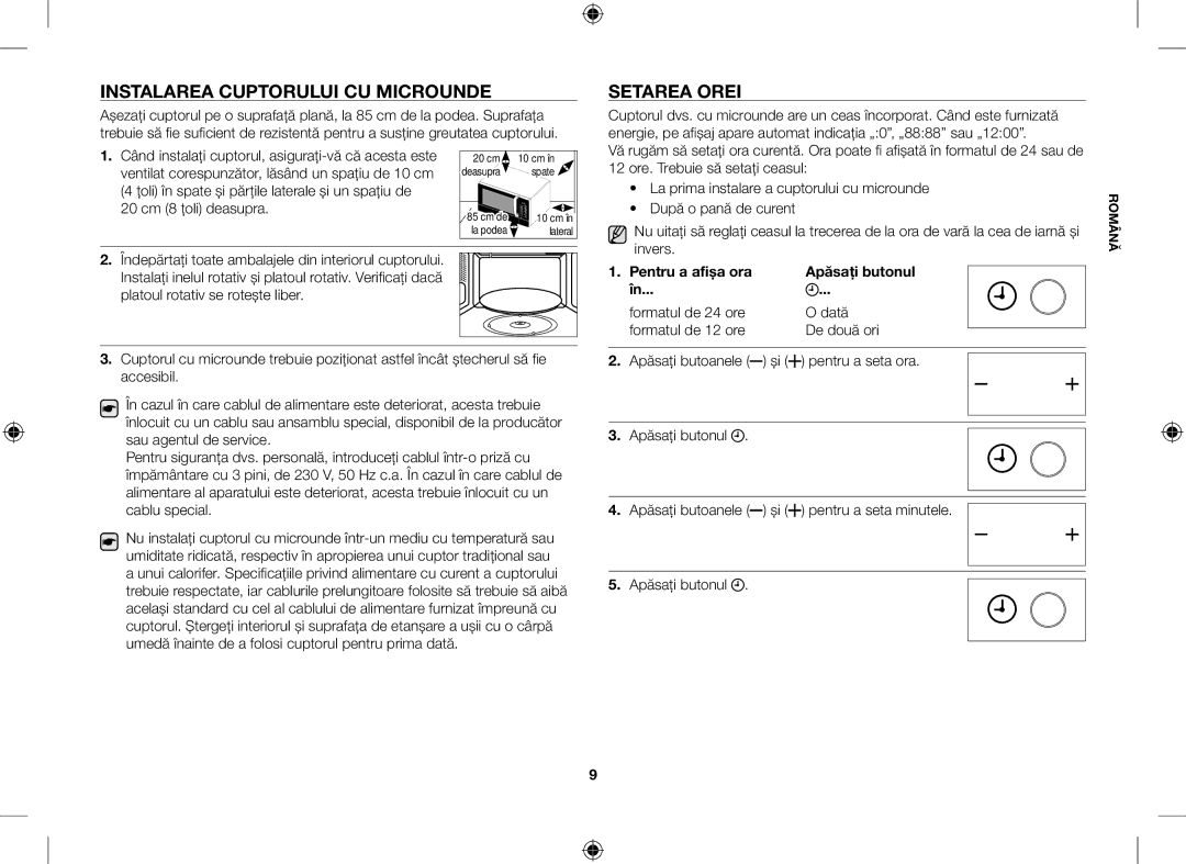 Samsung GE109MST/ZAM, GE109MST/XSG manual Instalarea Cuptorului CU Microunde, Setarea Orei, Invers, Pentru a seta ora 