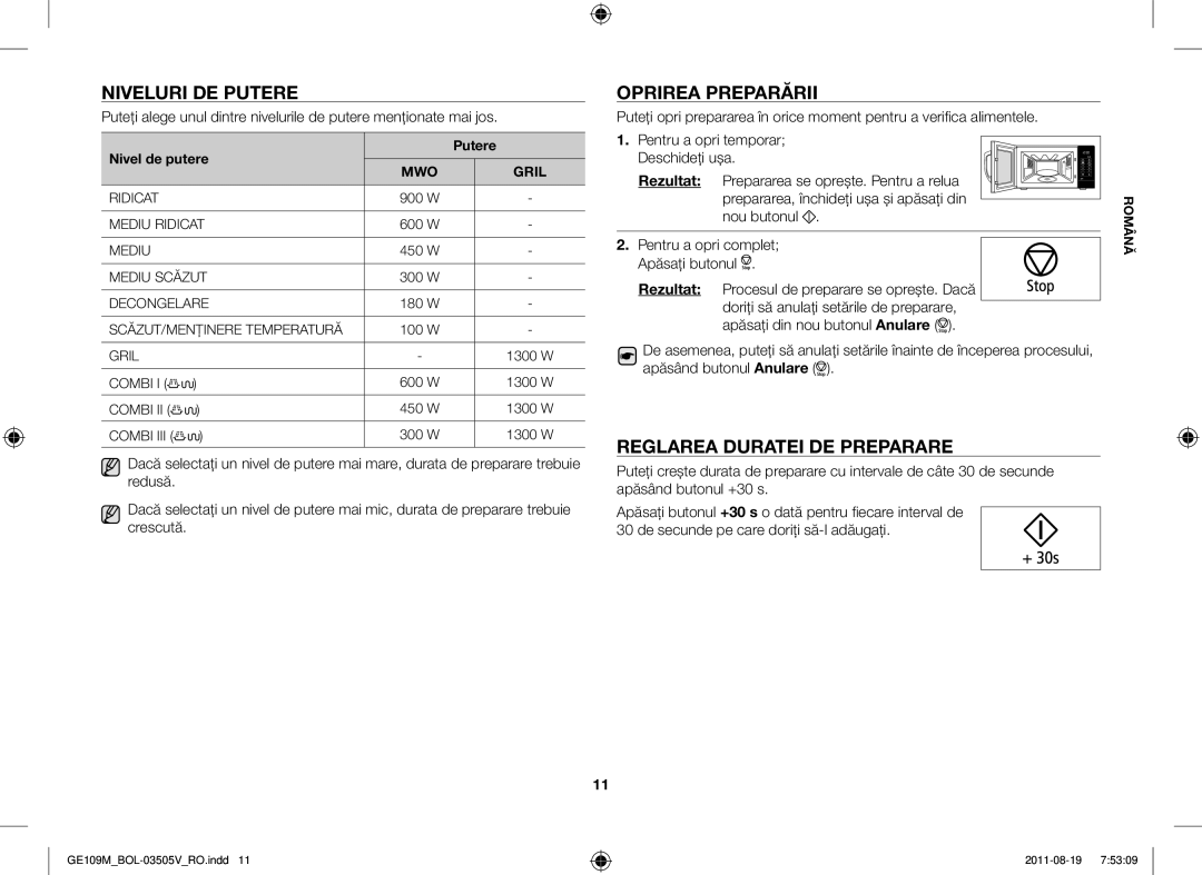 Samsung GE109MST/BOL manual Niveluri DE Putere, Oprirea Preparării, Reglarea Duratei DE Preparare, Nivel de putere Putere 