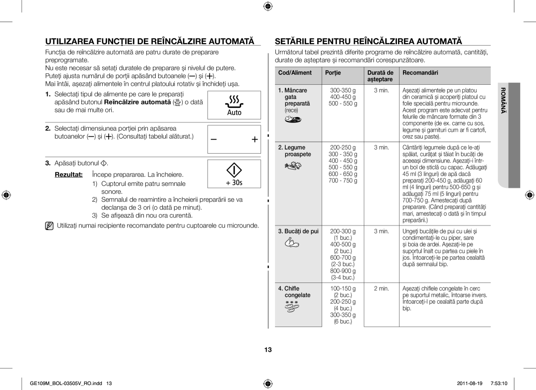 Samsung GE109MST/ZAM, GE109MST/XSG manual Utilizarea Funcţiei DE Reîncălzire Automată, Setările Pentru Reîncălzirea Automată 