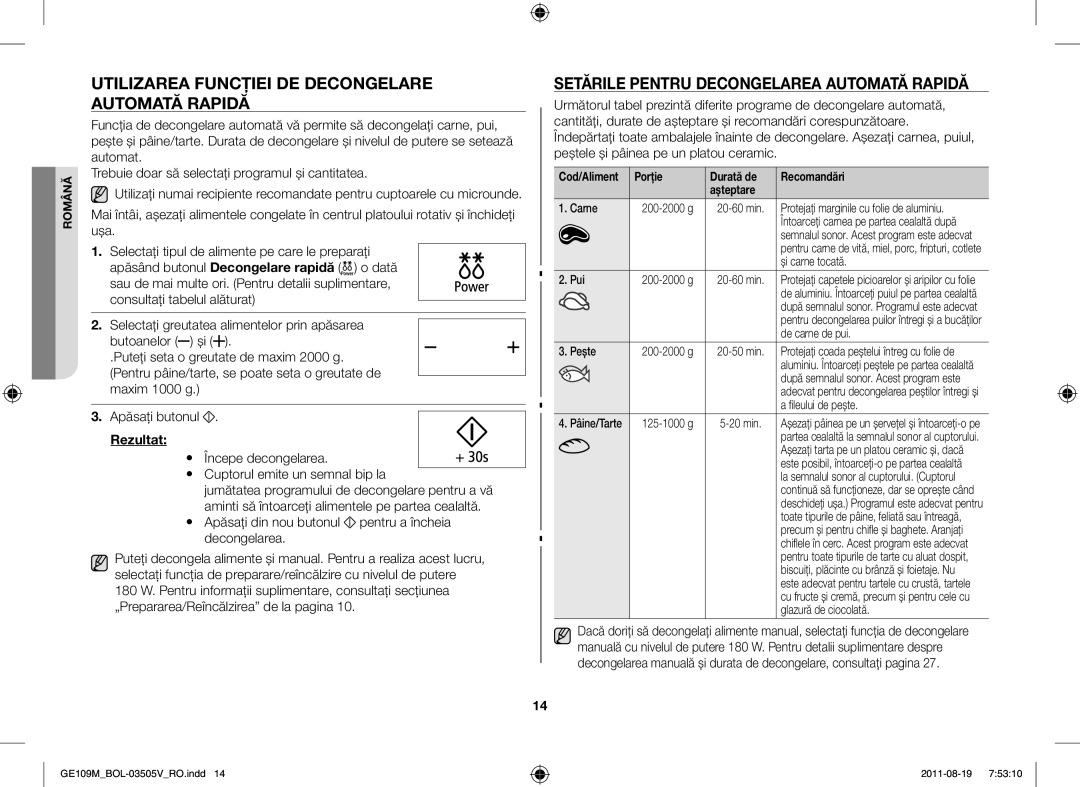 Samsung GE109MST-R/XSG Utilizarea Funcţiei DE Decongelare Automată Rapidă, Setările Pentru Decongelarea Automată Rapidă 