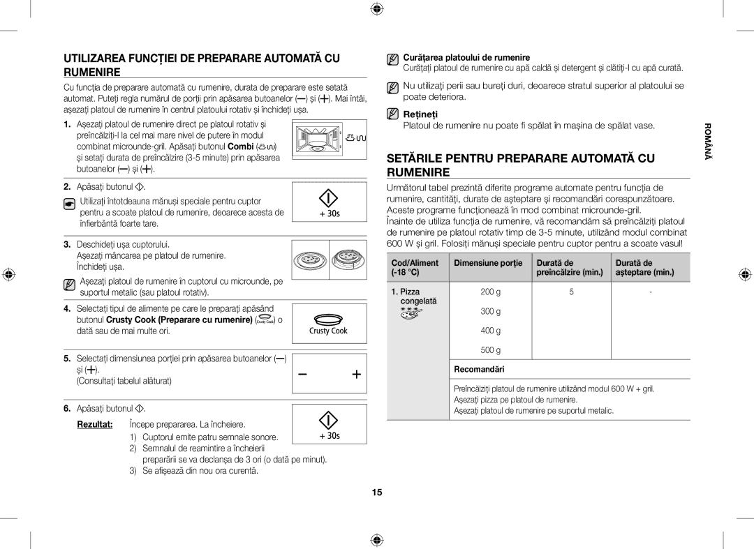 Samsung GE109MST/BOL Utilizarea Funcţiei DE Preparare Automată CU Rumenire, Setările Pentru Preparare Automată CU Rumenire 