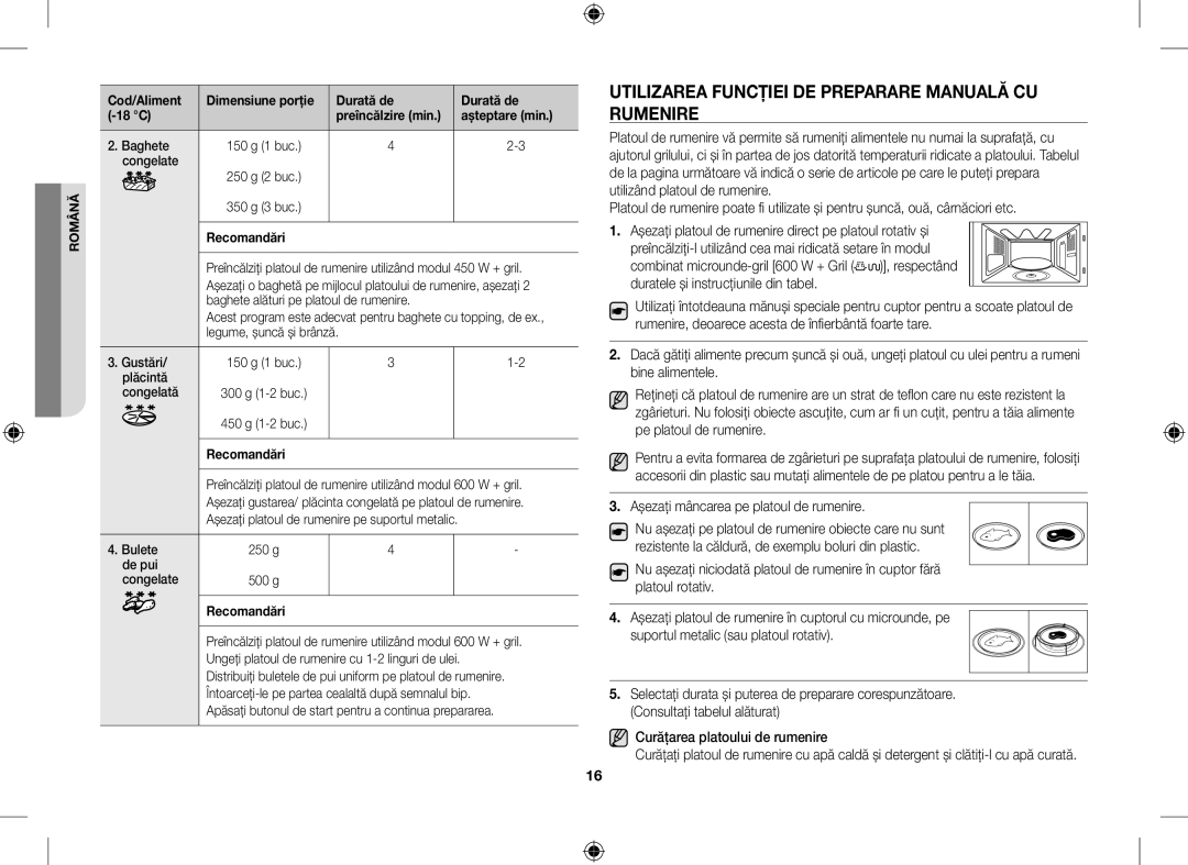 Samsung GE109MST/XSG manual Utilizarea Funcţiei DE Preparare Manuală CU Rumenire, Aşezaţi mâncarea pe platoul de rumenire 