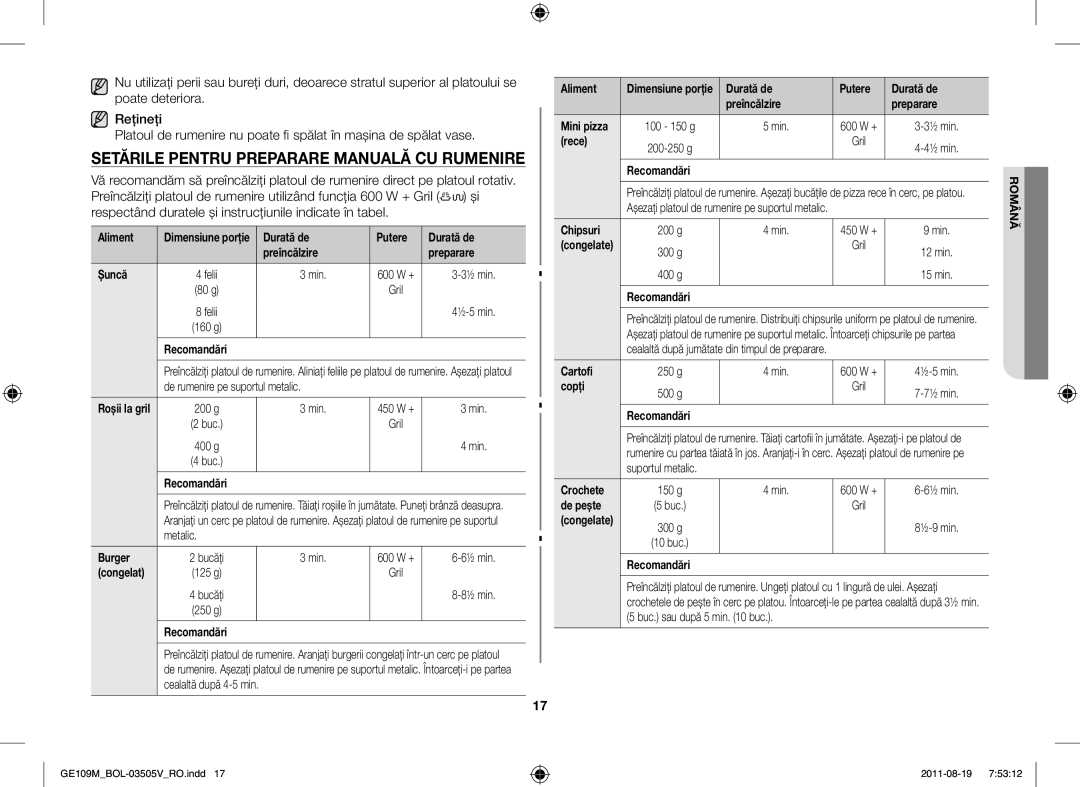 Samsung GE109MST/ZAM, GE109MST/XSG, GE109MST-R/XSG, GE109MST/BOL manual Setările Pentru Preparare Manuală CU Rumenire 