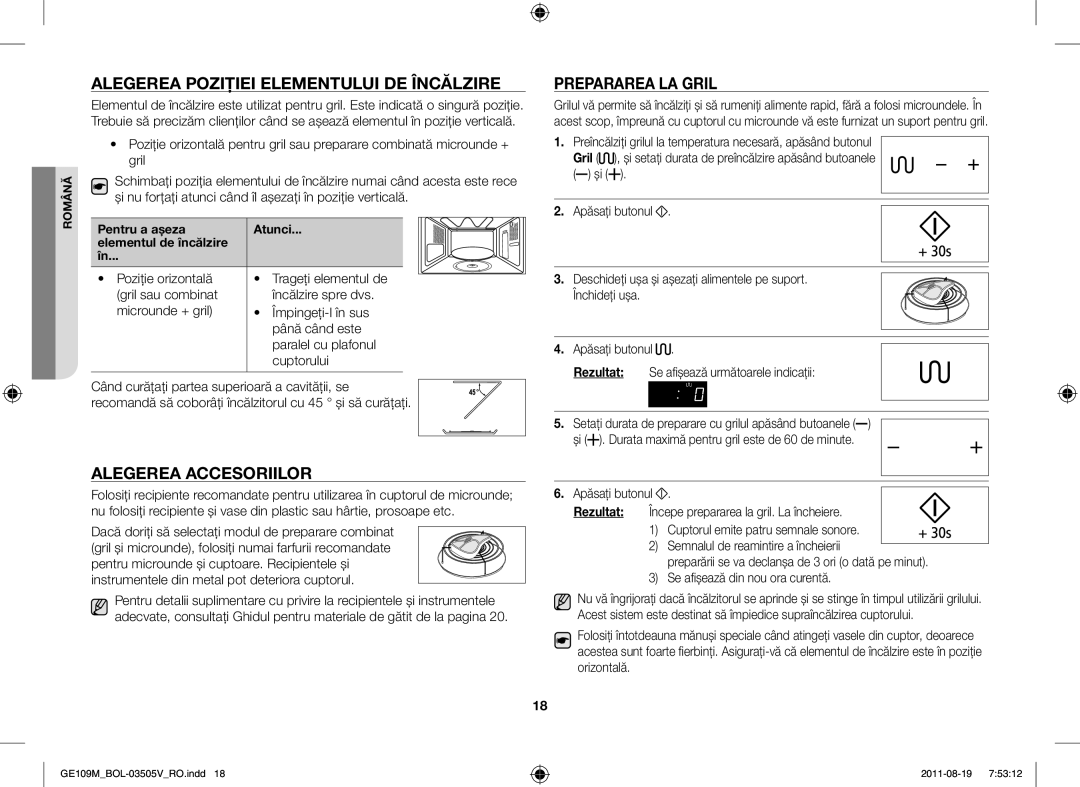 Samsung GE109MST-R/XSG, GE109MST/XSG Alegerea Poziţiei Elementului DE Încălzire, Alegerea Accesoriilor, Prepararea LA Gril 