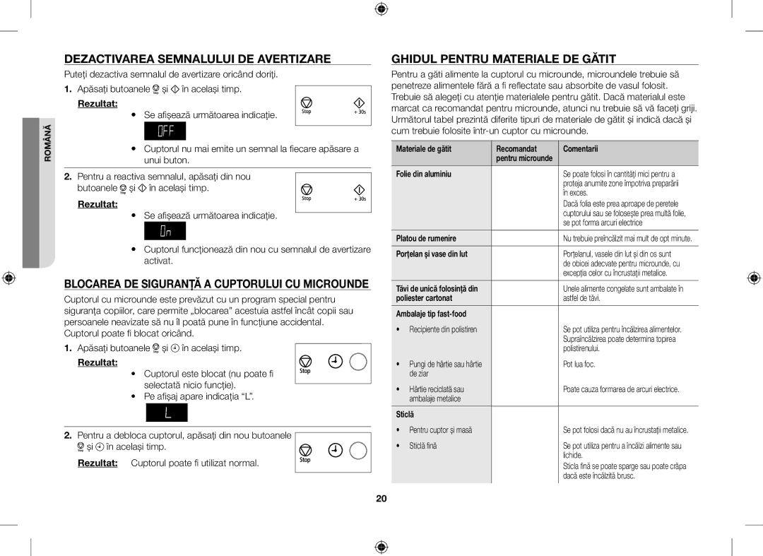 Samsung GE109MST/XSG, GE109MST/ZAM, GE109MST-R/XSG Dezactivarea Semnalului DE Avertizare, Ghidul Pentru Materiale DE Gătit 