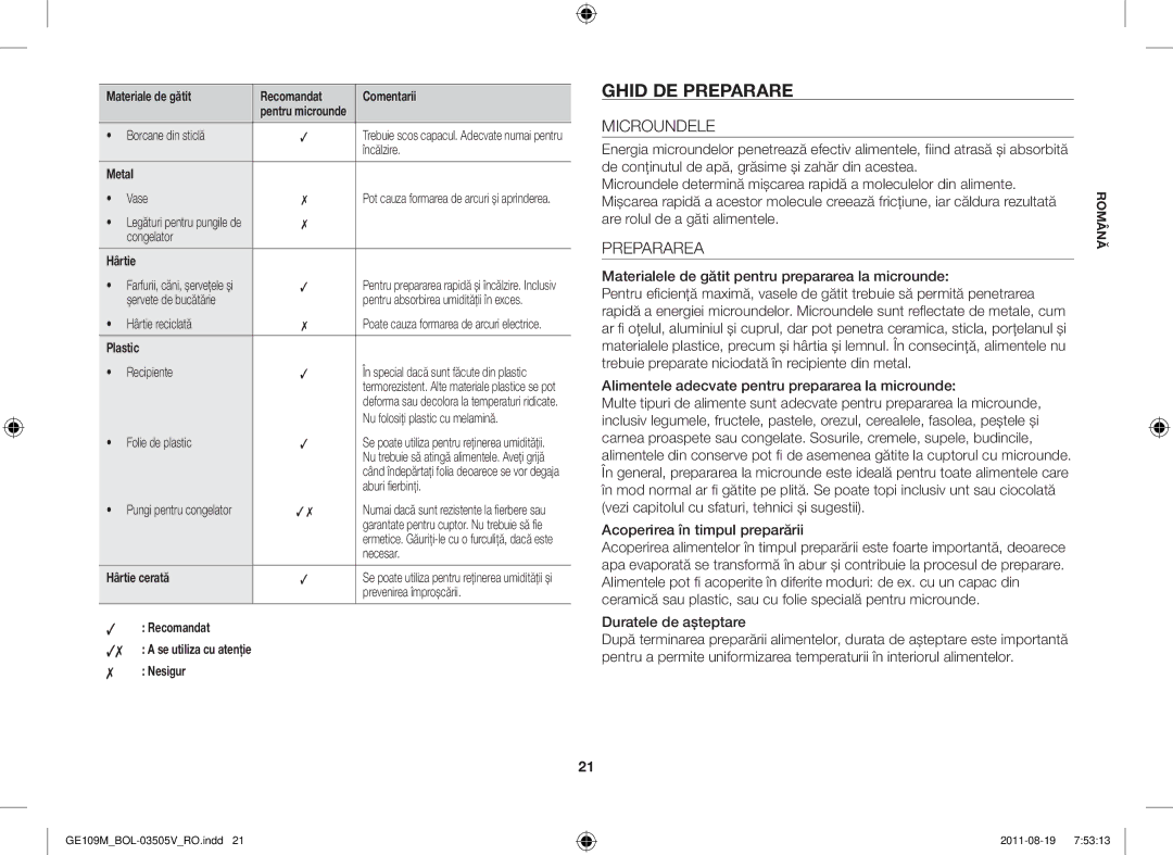 Samsung GE109MST/ZAM manual Ghid DE Preparare, Microundele, Prepararea, Materialele de gătit pentru prepararea la microunde 