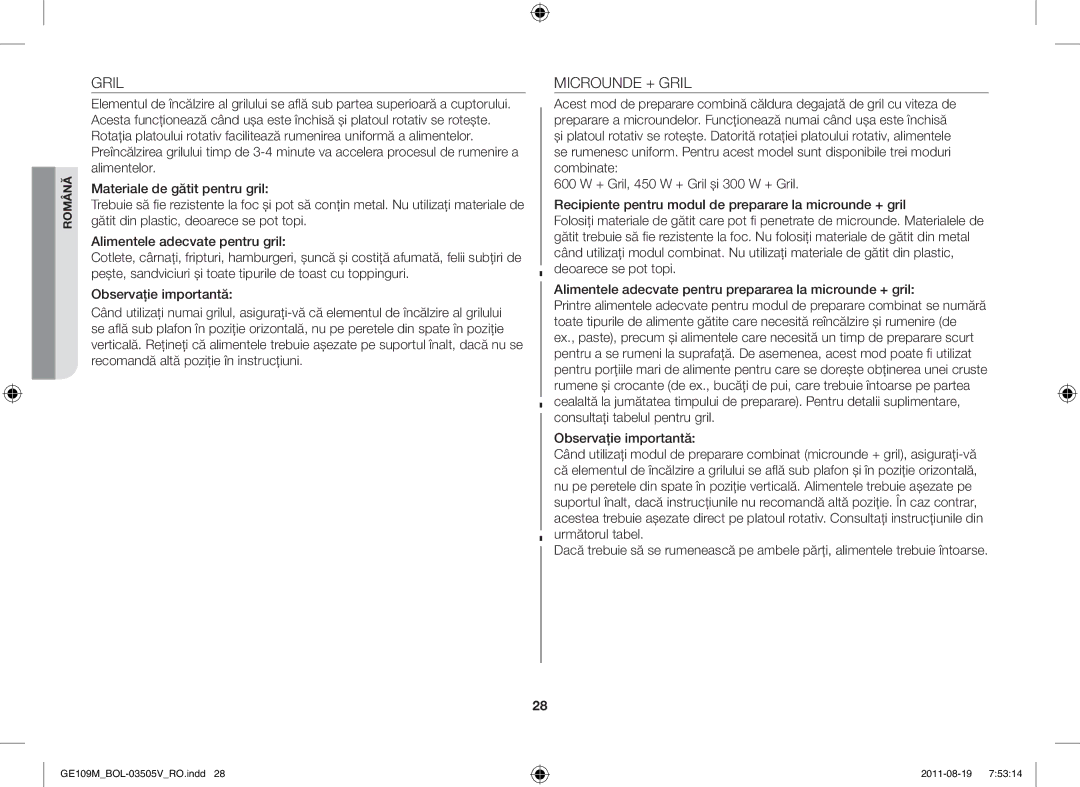 Samsung GE109MST/XSG, GE109MST/ZAM, GE109MST-R/XSG, GE109MST/BOL manual Microunde + Gril 