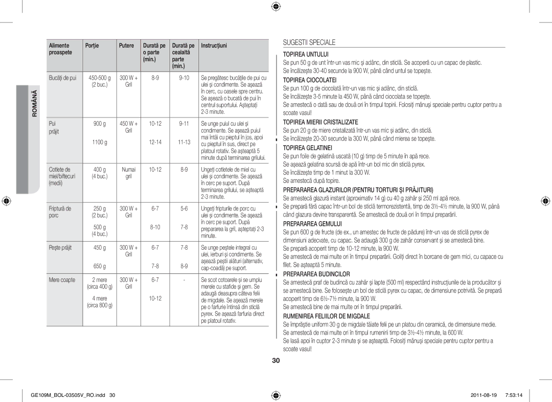 Samsung GE109MST-R/XSG, GE109MST/XSG manual Sugestii Speciale, Se amestecă bine de mai multe ori în timpul preparării 