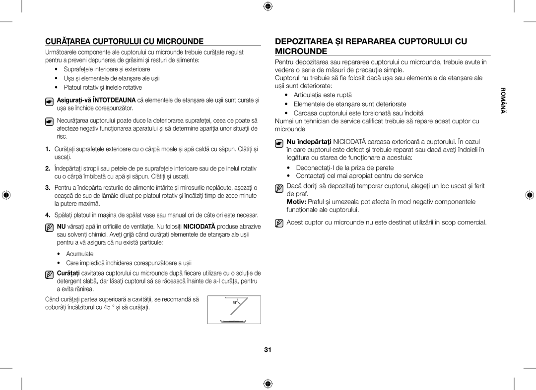 Samsung GE109MST/BOL, GE109MST/XSG Curăţarea Cuptorului CU Microunde, Depozitarea ŞI Repararea Cuptorului CU Microunde 