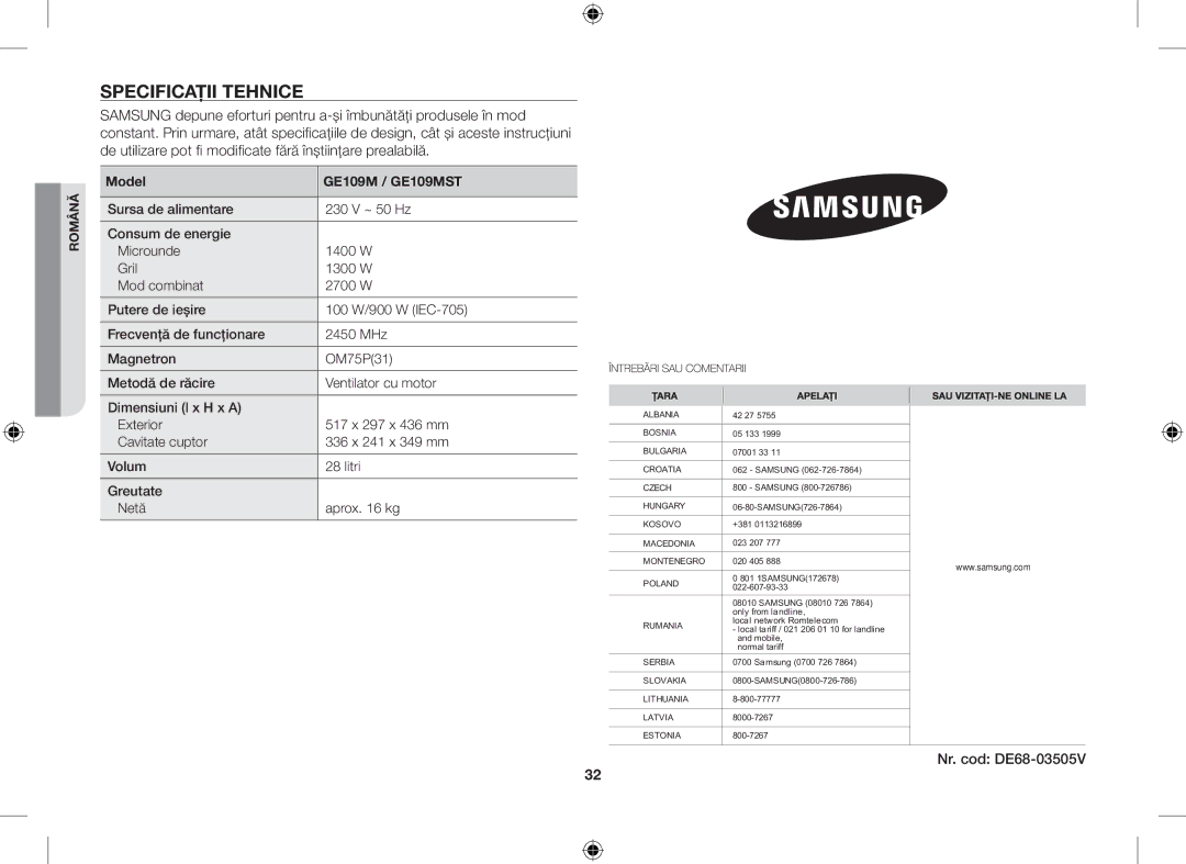 Samsung GE109MST/XSG, GE109MST/ZAM, GE109MST-R/XSG, GE109MST/BOL manual Specificaţii Tehnice, Nr. cod DE68-03505V 