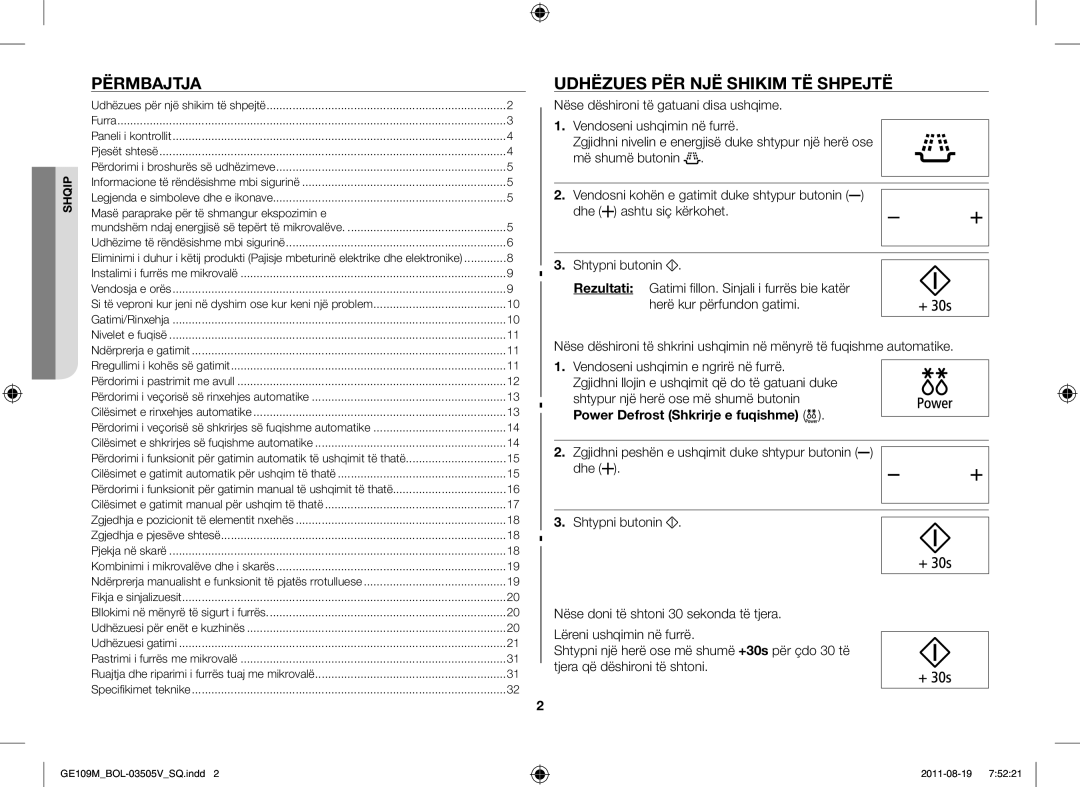 Samsung GE109MST-R/XSG manual Përmbajtja, Udhëzues PËR NJË Shikim TË Shpejtë, Masë paraprake për të shmangur ekspozimin e 