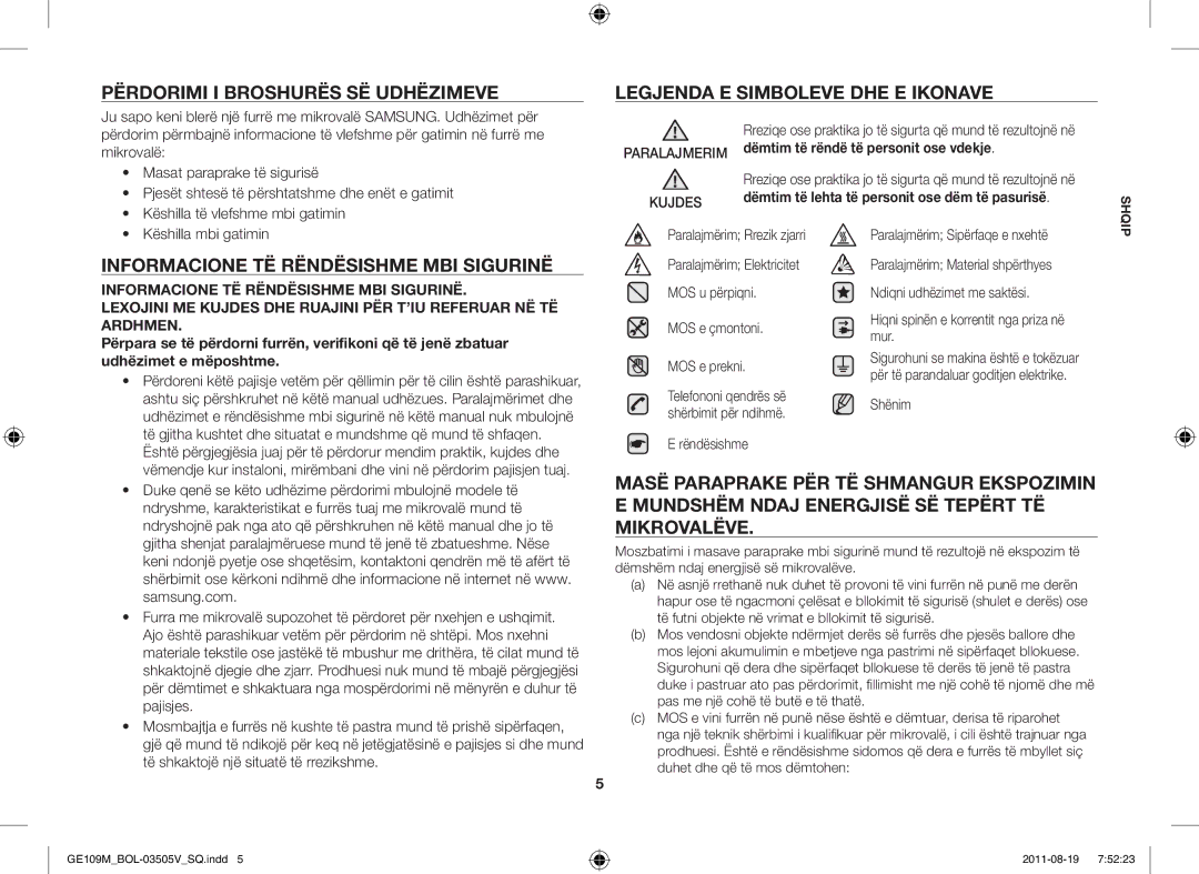 Samsung GE109MST/ZAM, GE109MST/XSG, GE109MST-R/XSG, GE109MST/BOL manual Informacione TË Rëndësishme MBI Sigurinë 