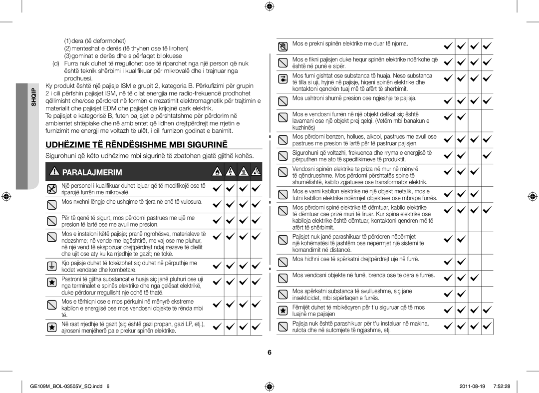 Samsung GE109MST-R/XSG, GE109MST/XSG, GE109MST/ZAM, GE109MST/BOL manual Udhëzime TË Rëndësishme MBI Sigurinë, Paralajmerim 