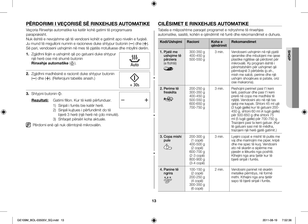 Samsung GE109MST/ZAM Përdorimi I Veçorisë SË Rinxehjes Automatike, Cilësimet E Rinxehjes Automatike, Rinxehje automatike 