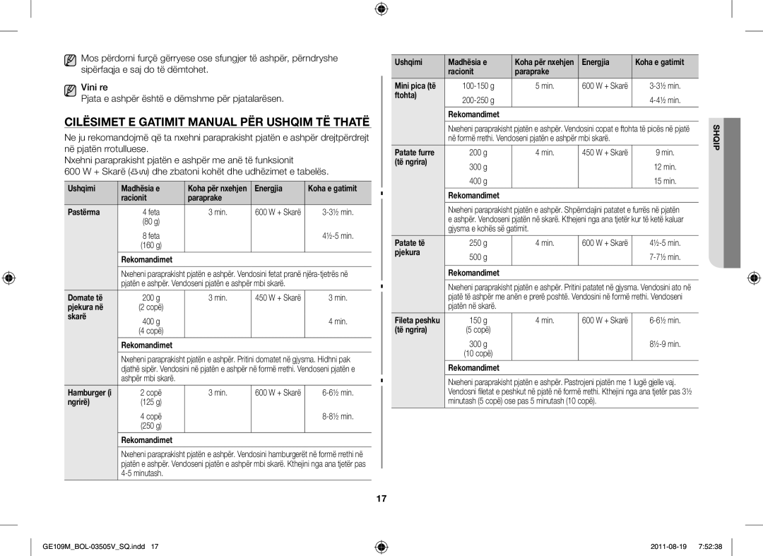 Samsung GE109MST/ZAM, GE109MST/XSG, GE109MST-R/XSG, GE109MST/BOL manual Cilësimet E Gatimit Manual PËR Ushqim TË Thatë 