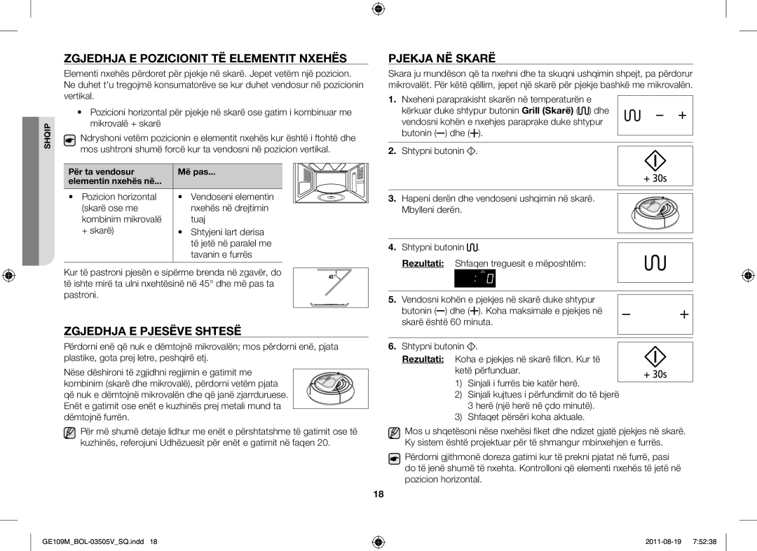 Samsung GE109MST-R/XSG, GE109MST/XSG Zgjedhja E Pozicionit TË Elementit Nxehës, Zgjedhja E Pjesëve Shtesë, Pjekja NË Skarë 