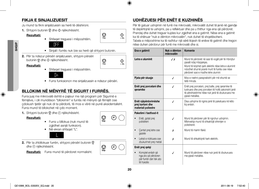 Samsung GE109MST/XSG manual Fikja E Sinjalizuesit, Bllokimi NË Mënyrë TË Sigurt I Furrës, Udhëzuesi PËR Enët E Kuzhinës 