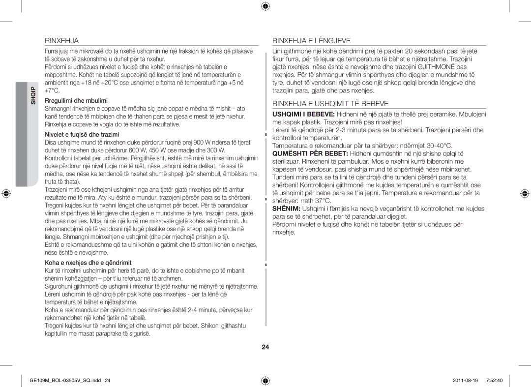 Samsung GE109MST/XSG, GE109MST/ZAM Rinxehja E Lëngjeve, Rinxehja E Ushqimit TË Bebeve, Nivelet e fuqisë dhe trazimi 