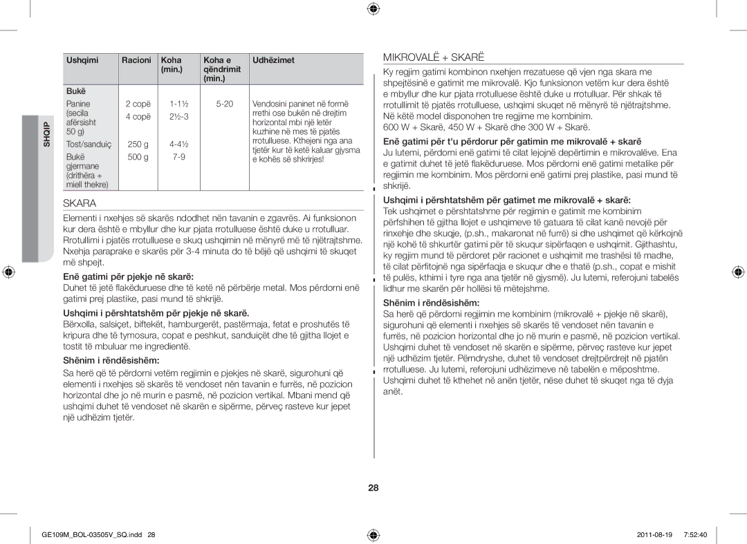 Samsung GE109MST/XSG, GE109MST/ZAM, GE109MST-R/XSG, GE109MST/BOL manual Skara, Mikrovalë + Skarë 