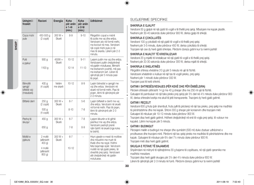 Samsung GE109MST-R/XSG manual Sugjerime Specifike, Trazojeni pasi të ketë shkrirë, Trazojeni mirë disa herë gjatë gatimit 