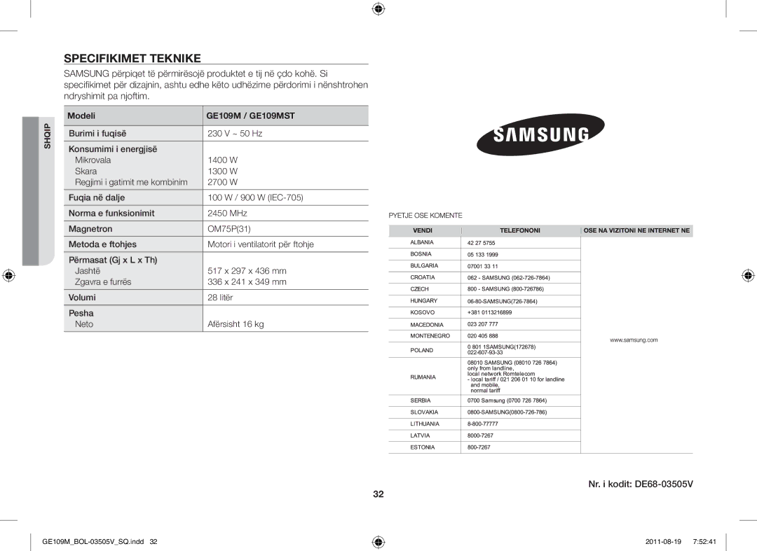 Samsung GE109MST/XSG, GE109MST/ZAM, GE109MST-R/XSG Specifikimet Teknike, Nr. i kodit DE68-03505V, Modeli GE109M / GE109MST 