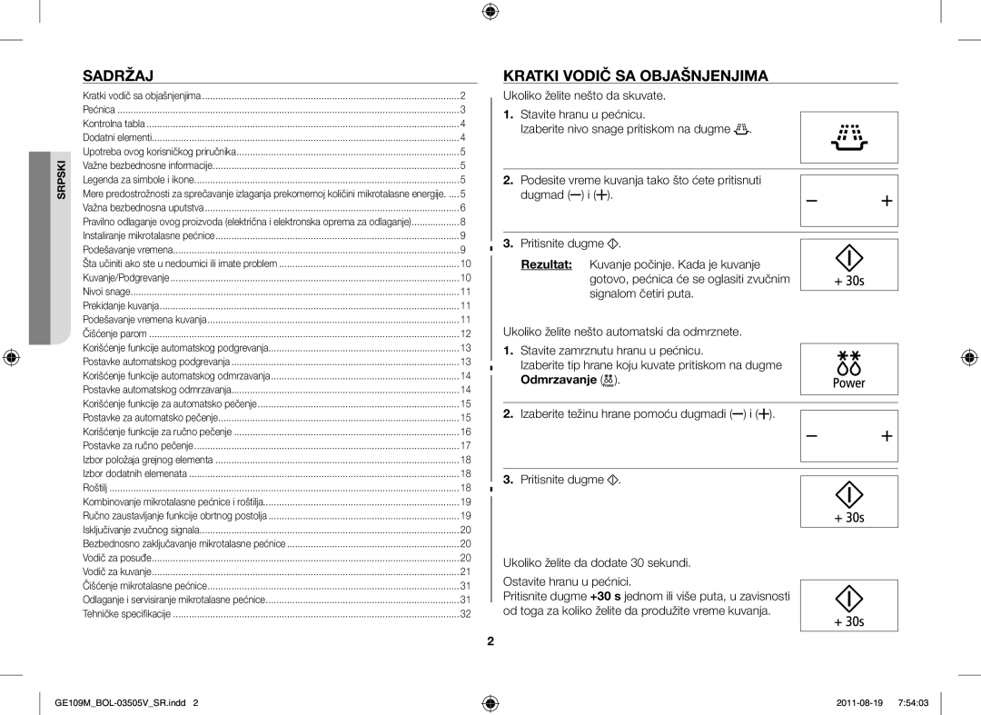 Samsung GE109MST-R/XSG, GE109MST/XSG, GE109MST/ZAM, GE109MST/BOL manual Sadržaj, Kratki Vodič SA Objašnjenjima 