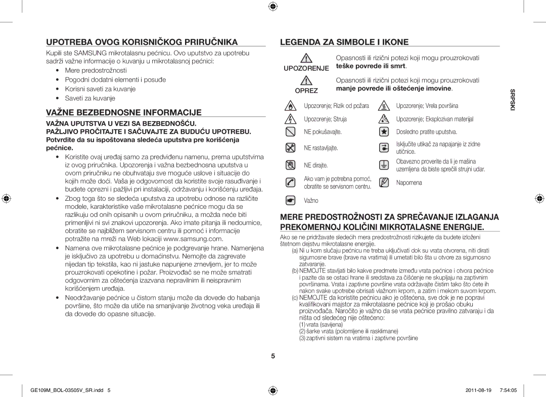 Samsung GE109MST/ZAM, GE109MST/XSG, GE109MST-R/XSG manual Upotreba Ovog Korisničkog Priručnika, Važne Bezbednosne Informacije 