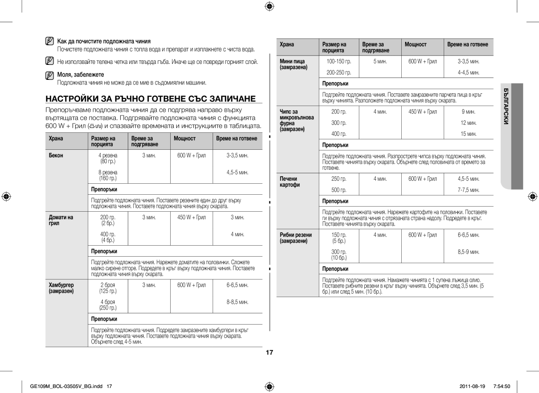 Samsung GE109MST/ZAM, GE109MST/XSG, GE109MST-R/XSG, GE109MST/BOL manual Настройки ЗА Ръчно Готвене СЪС Запичане 