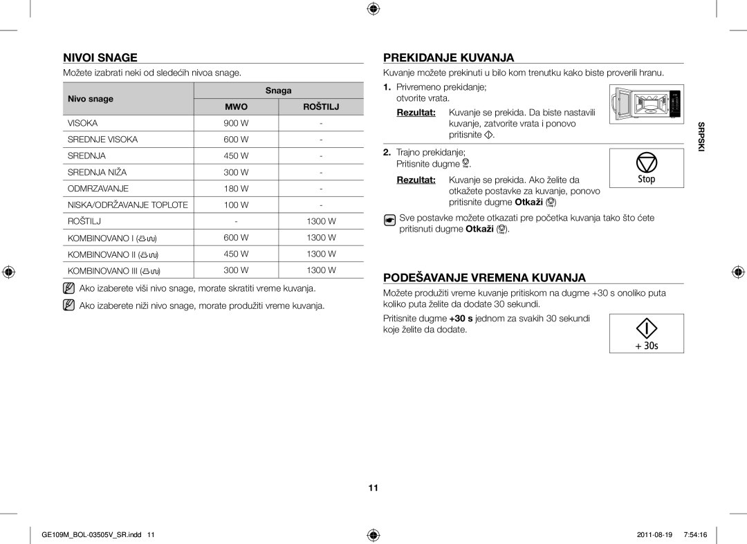 Samsung GE109MST/BOL, GE109MST/XSG, GE109MST/ZAM manual Nivoi Snage, Prekidanje Kuvanja, Podešavanje Vremena Kuvanja 