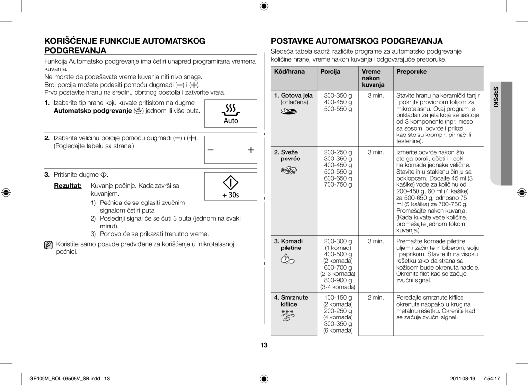 Samsung GE109MST/ZAM, GE109MST/XSG manual Korišćenje Funkcije Automatskog Podgrevanja, Postavke Automatskog Podgrevanja 