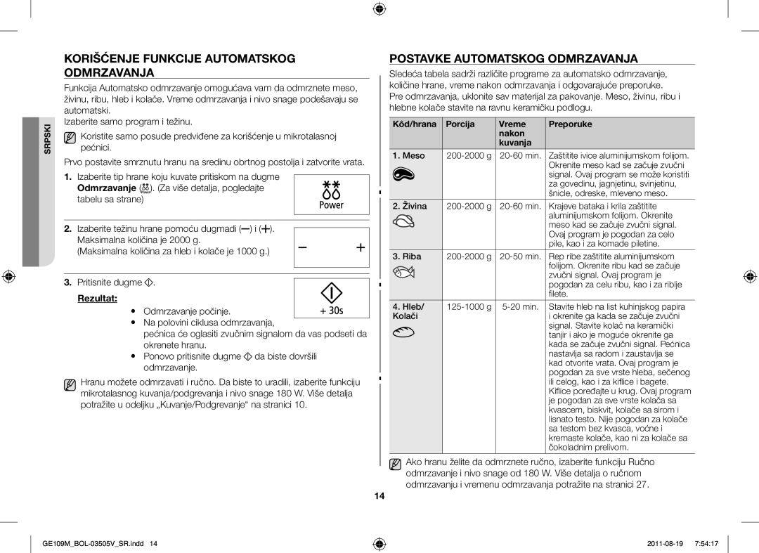 Samsung GE109MST-R/XSG, GE109MST/XSG, GE109MST/ZAM, GE109MST/BOL manual Korišćenje Funkcije Automatskog Odmrzavanja 