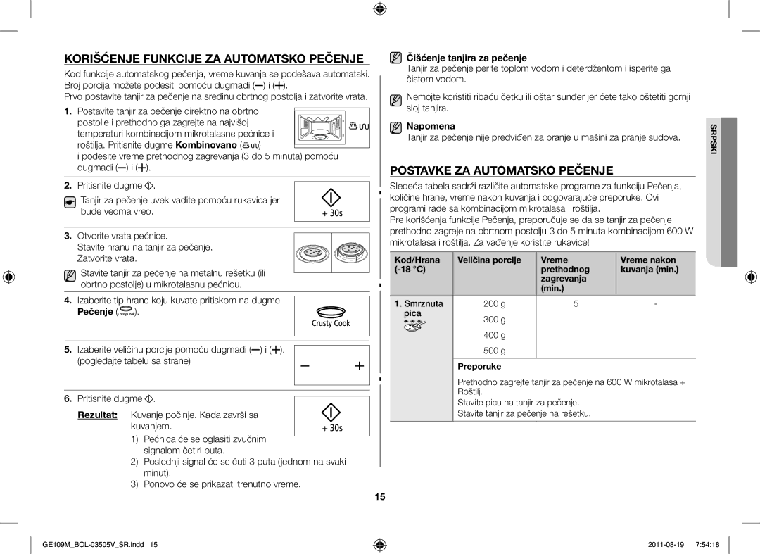 Samsung GE109MST/BOL, GE109MST/XSG, GE109MST/ZAM Korišćenje Funkcije ZA Automatsko Pečenje, Postavke ZA Automatsko Pečenje 