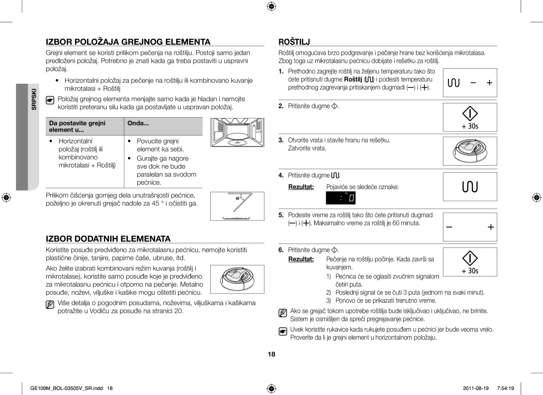 Samsung GE109MST-R/XSG, GE109MST/XSG Izbor Položaja Grejnog Elementa, Izbor Dodatnih Elemenata, Mikrotalasi + Roštilj 